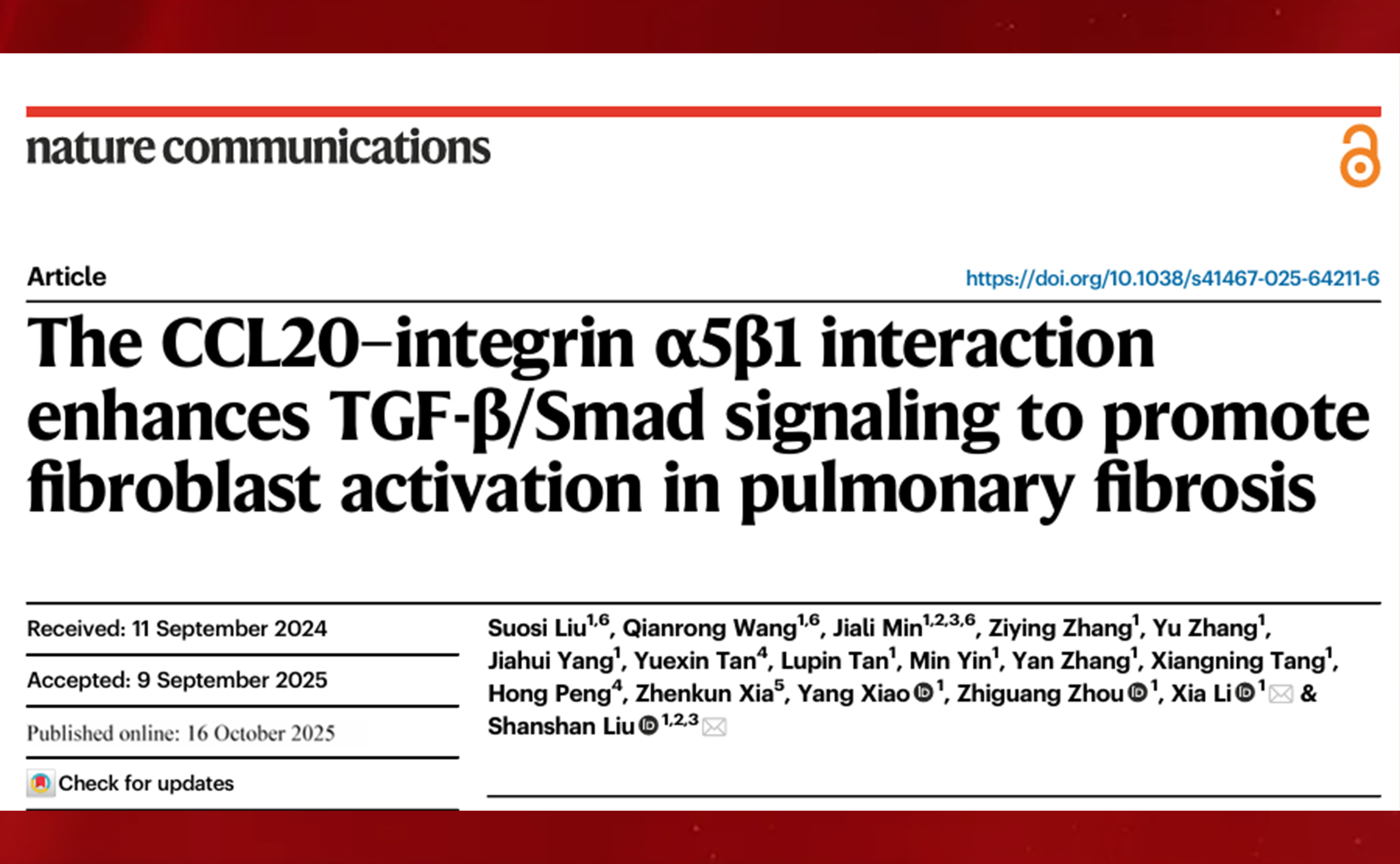 文献速递 | Nature子刊破解肺纤维化 &ldquo;瘢痕密码&rdquo;：CCL20-&alpha;5&beta;1 通路新机制，为靶向治疗开辟新赛道